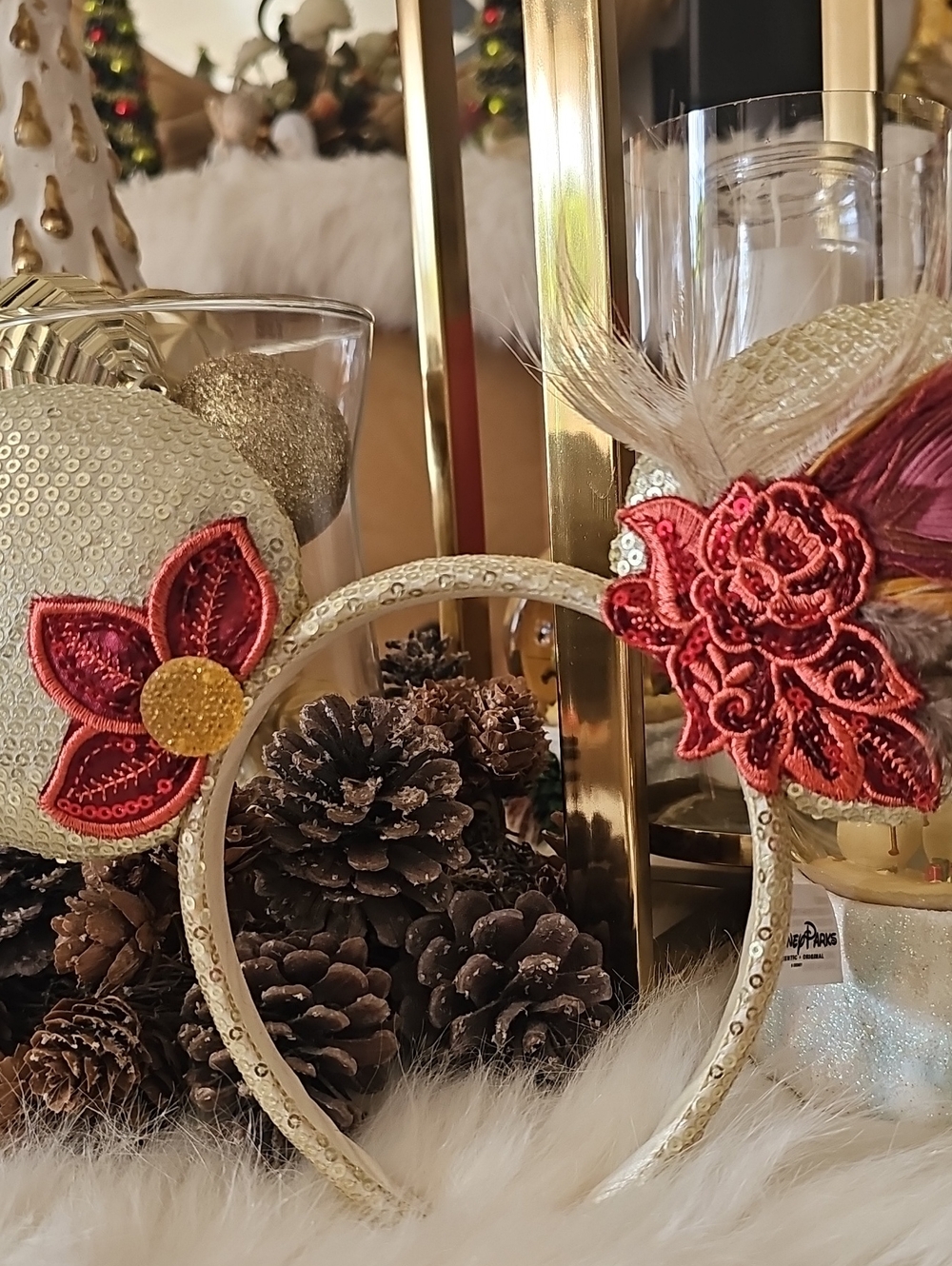 Disney Parks Authentic Oruginal Embellished Red Floral  Headband with Sequins